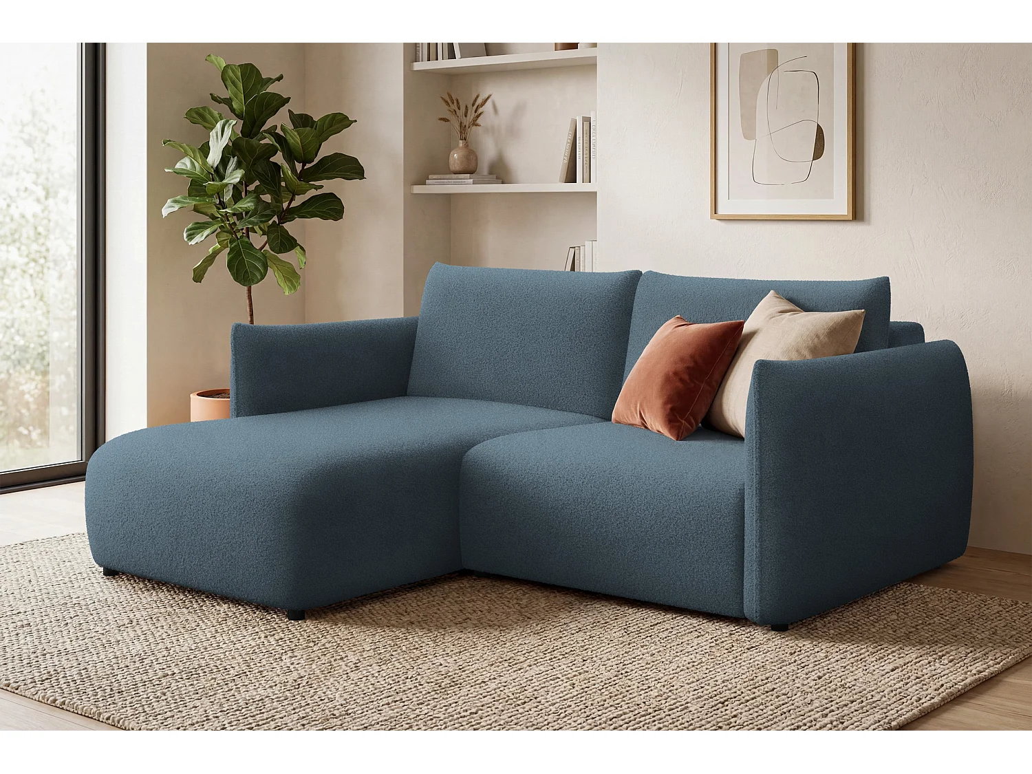 Ecksofa 3-Sitzer links TAUER, Bouclé-Stoff blau