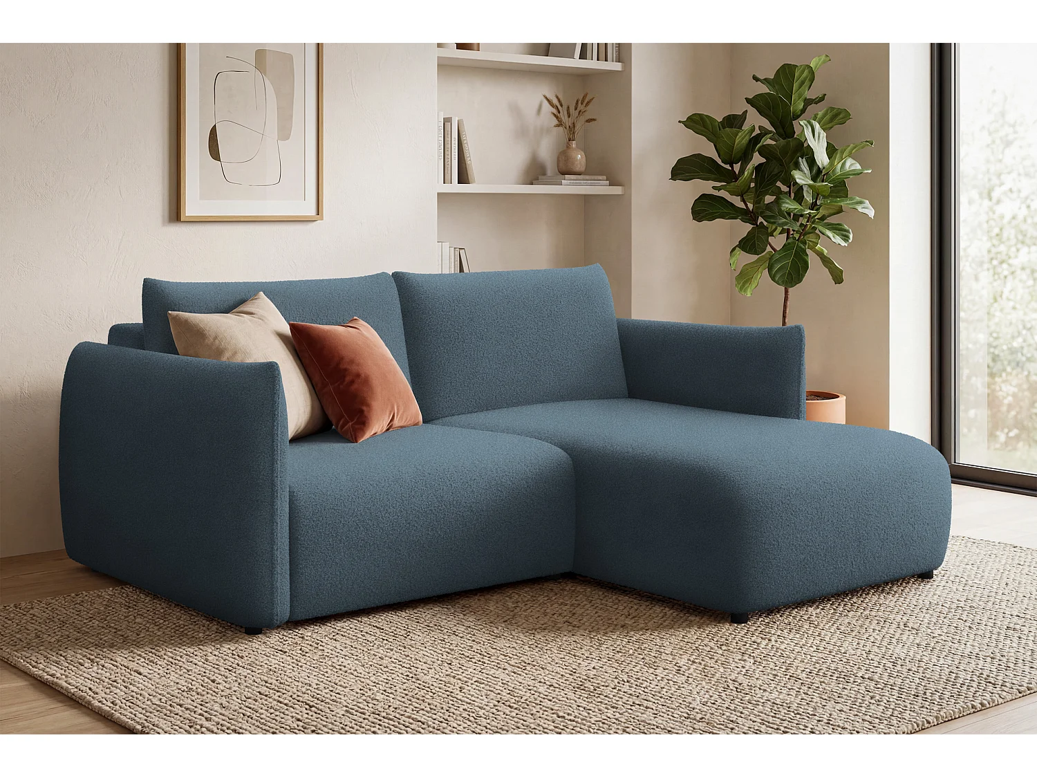CANAPÉ D'ANGLE TAUER 3 places droit, tissu bouclé bleu