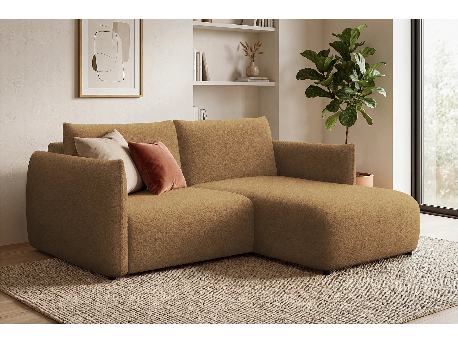 CANAPÉ D'ANGLE TAUER 3 places droit, tissu bouclé marron