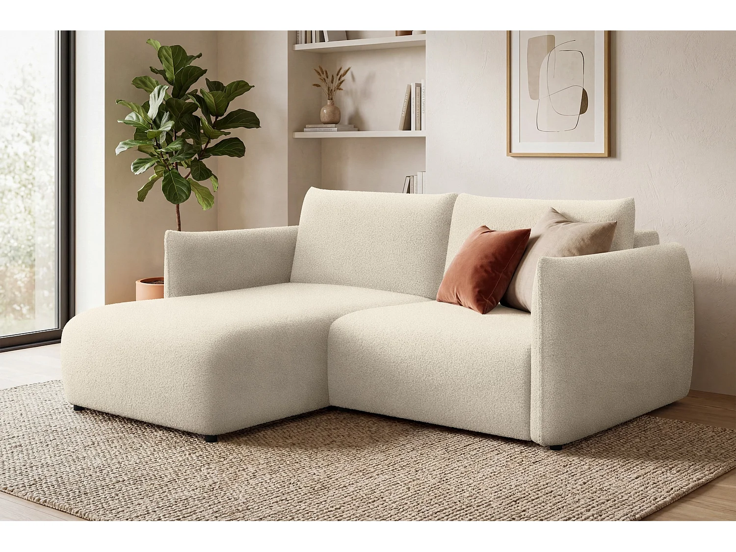 Ecksofa 3-Sitzer links TAUER, Bouclé-Stoff ecru