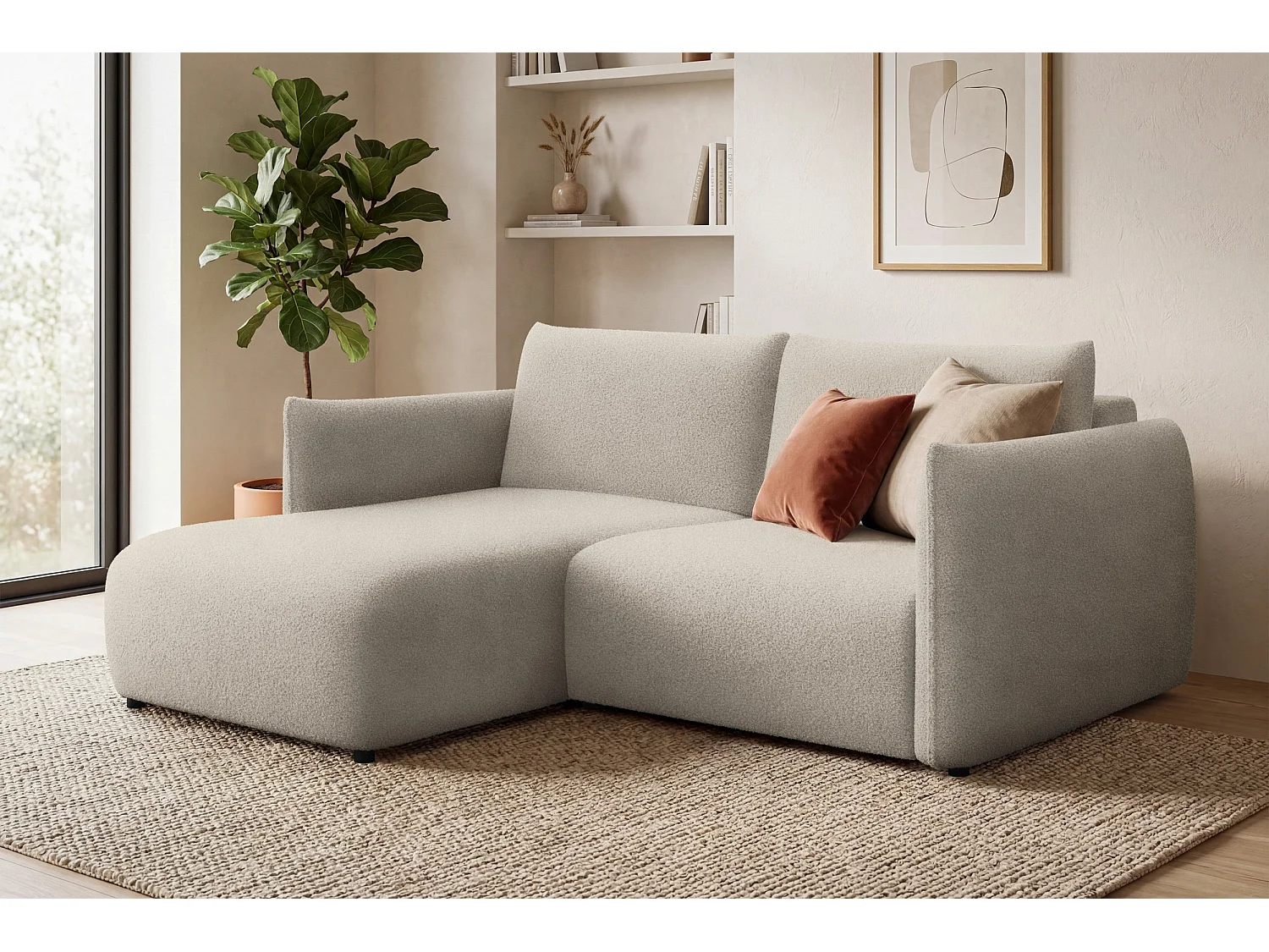 CANAPÉ D'ANGLE TAUER 3 places gauche, tissu bouclé beige