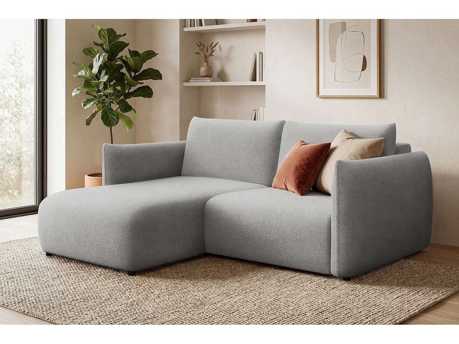 Ecksofa 3-Sitzer links TAUER, Bouclé-Stoff hellgrau
