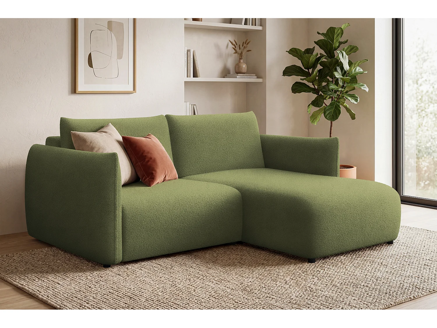 CANAPÉ D'ANGLE TAUER 3 places droit, tissu bouclé vert