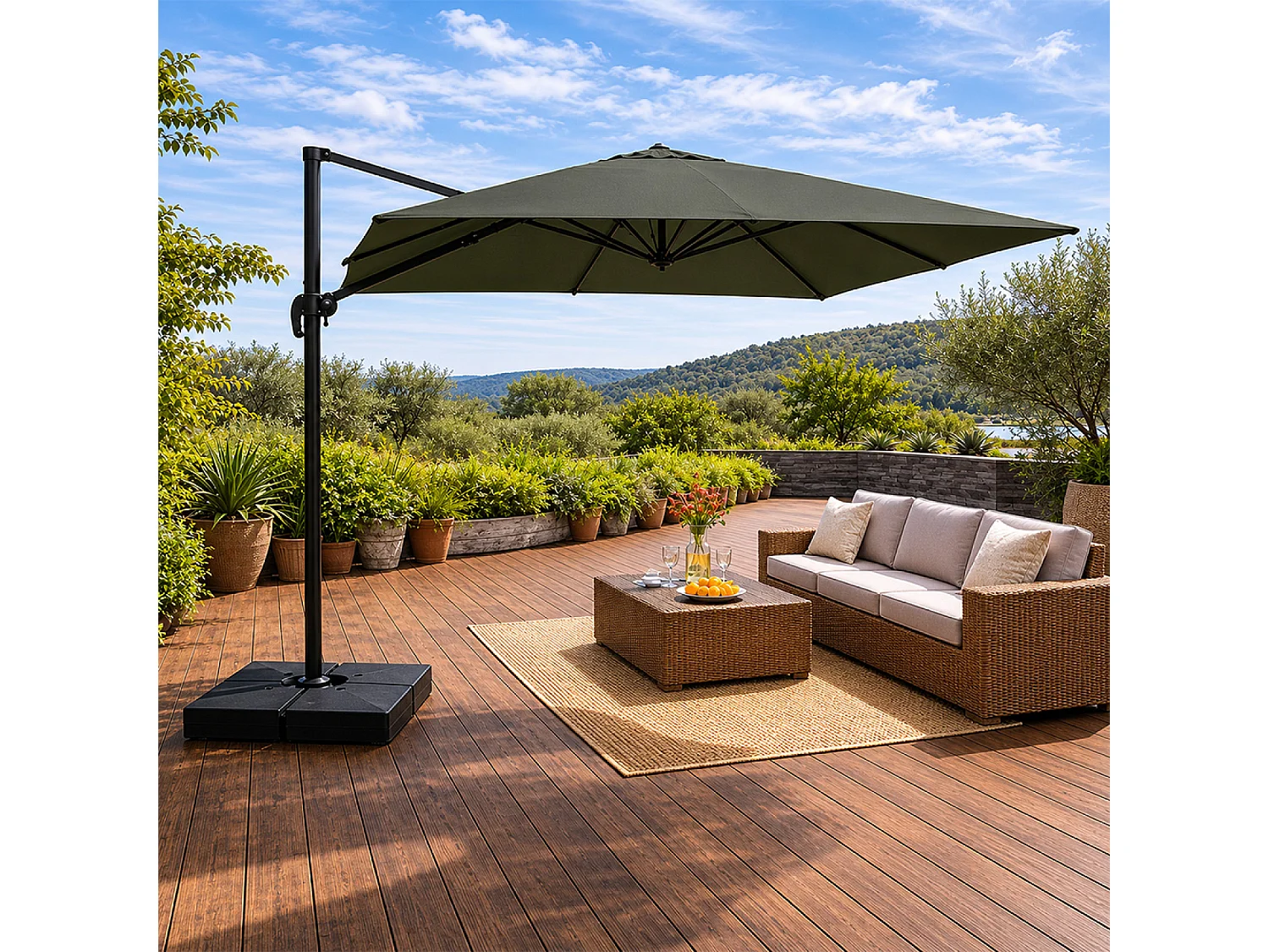 Parasol rectangulaire 3x4 déporté rotatif vert en aluminium CEZIR