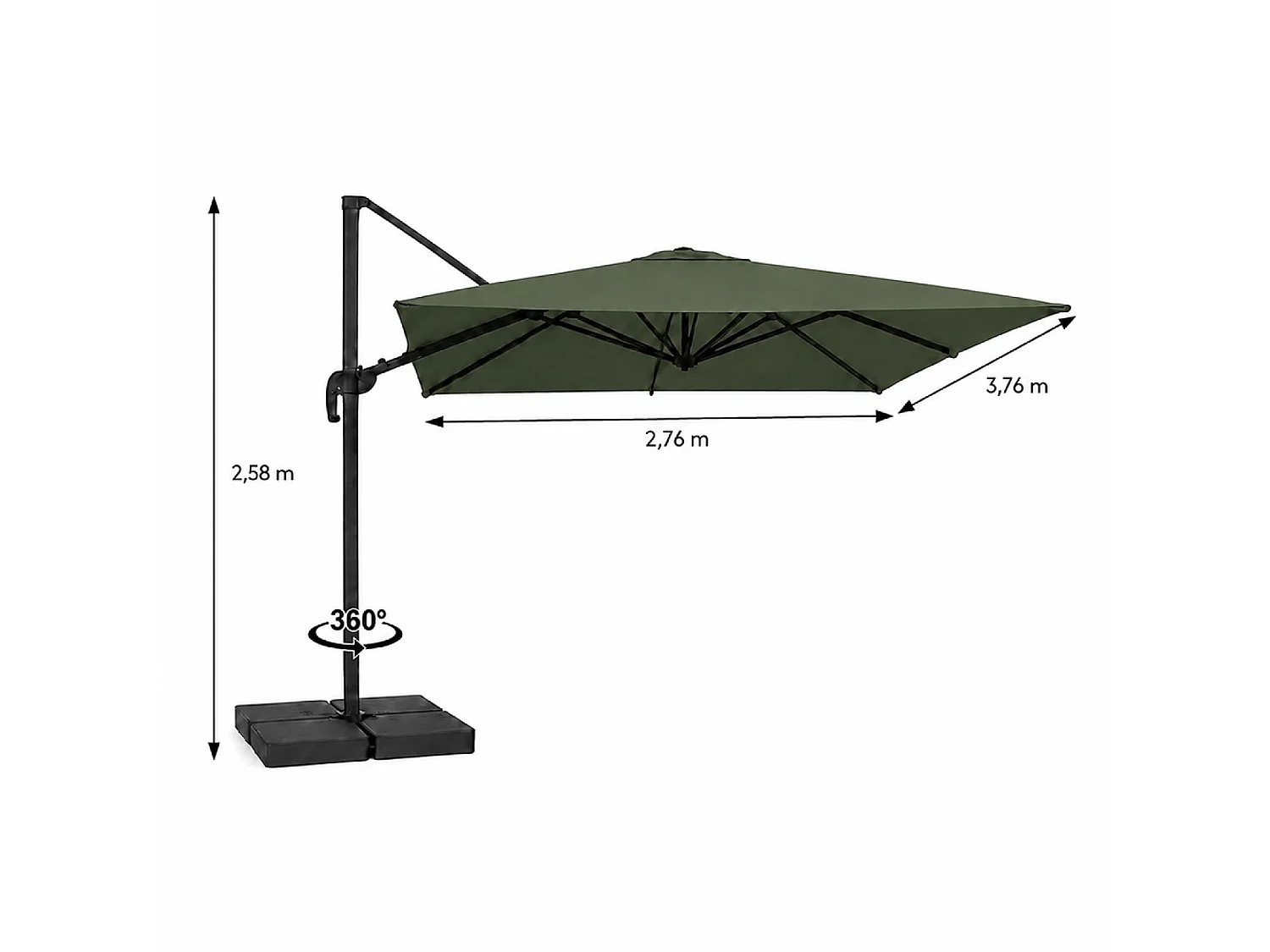 Parasol rectangulaire 3x4 déporté rotatif vert en aluminium CEZIR