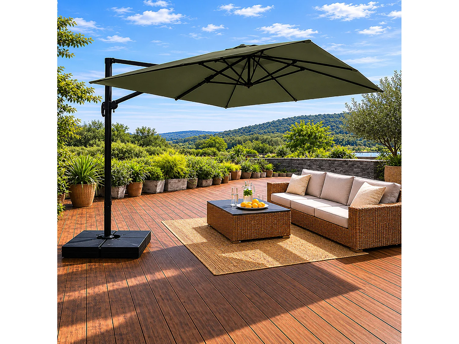 Parasol rectangulaire 3x4 déporté rotatif vert en aluminium CEZIR
