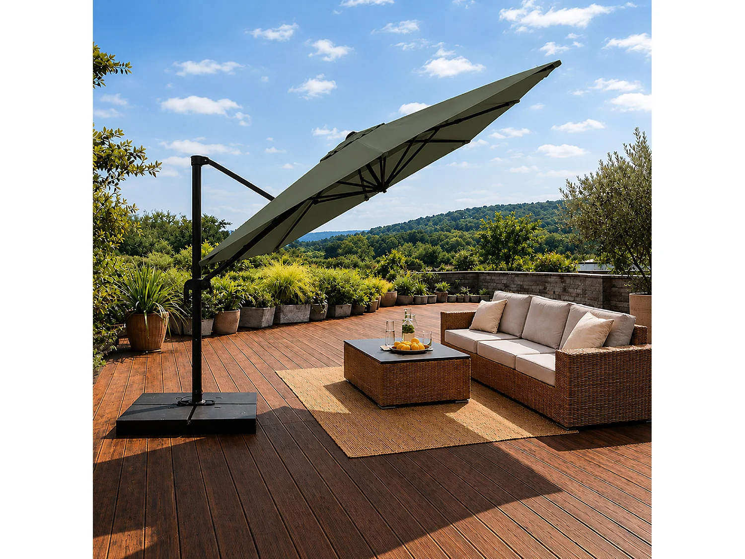 Parasol rectangulaire 3x4 déporté rotatif vert en aluminium CEZIR