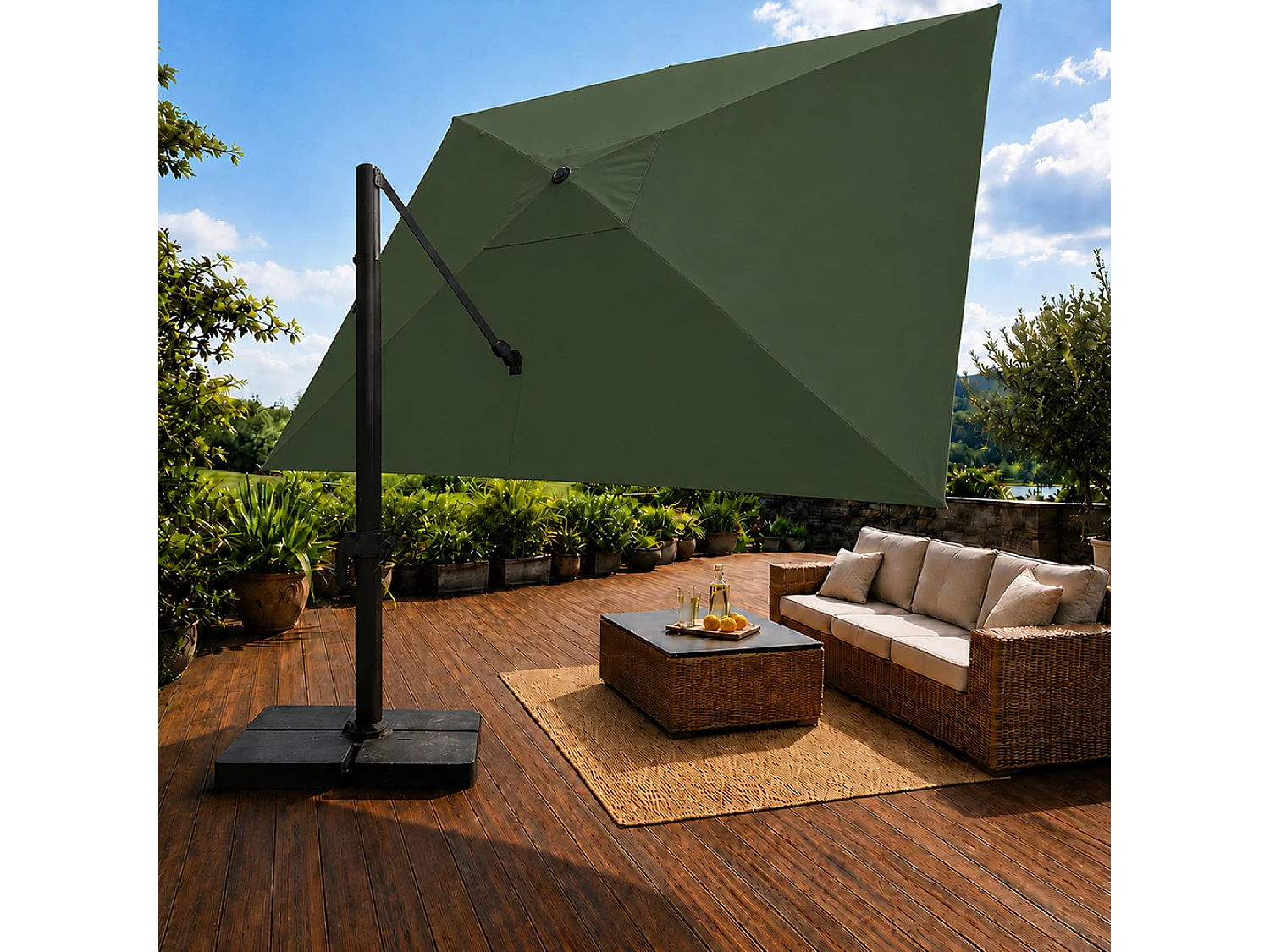 Parasol rectangulaire 3x4 déporté rotatif vert en aluminium CEZIR