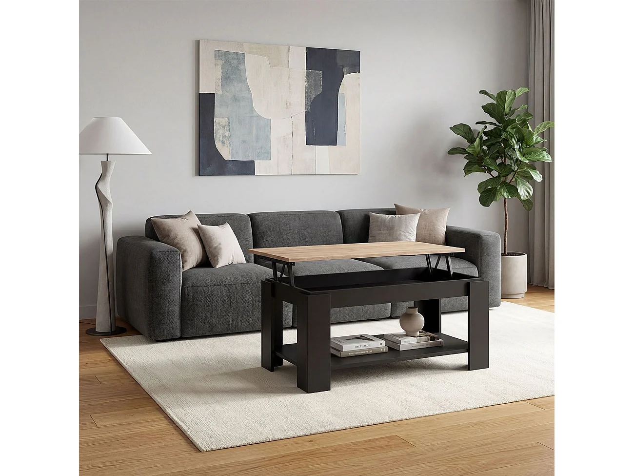 Mesa de centro elevable con almacenaje en negro mate y roble canadian 102x43-54 cm Lya Negro Mate - Roble Canadian