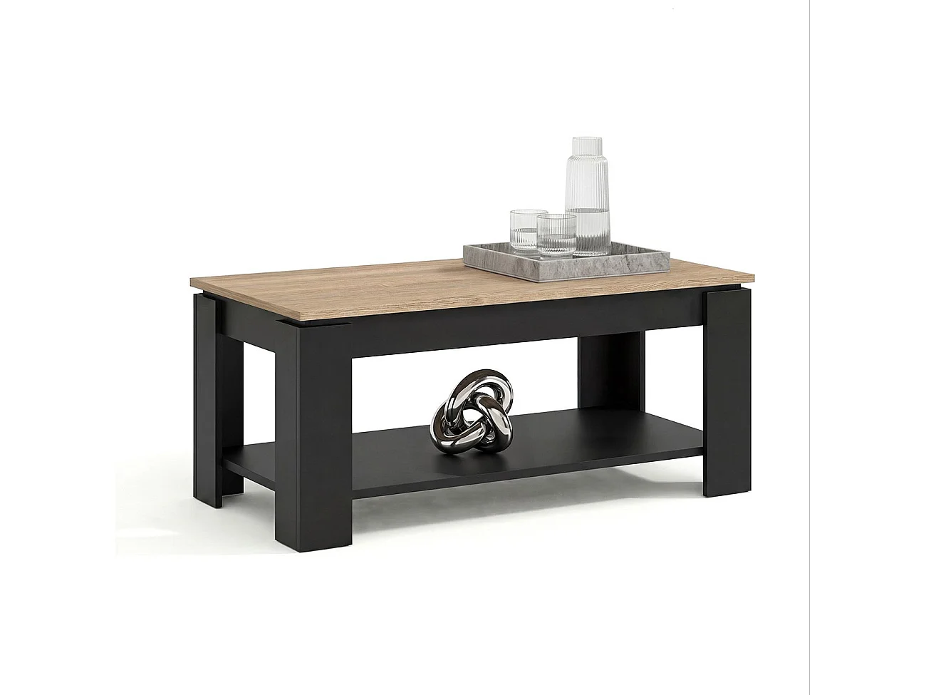 Mesa de centro elevable con almacenaje en negro mate y roble canadian 102x43-54 cm Lya Negro Mate - Roble Canadian
