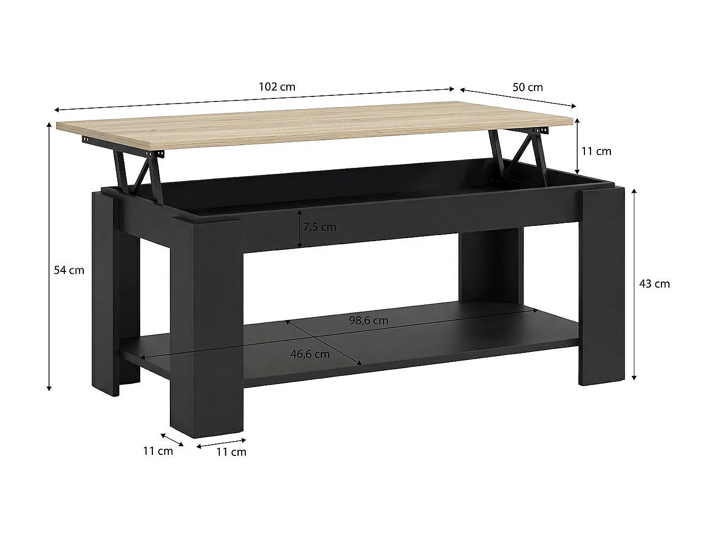 Mesa de centro elevable con almacenaje en negro mate y roble canadian 102x43-54 cm Lya Negro Mate - Roble Canadian