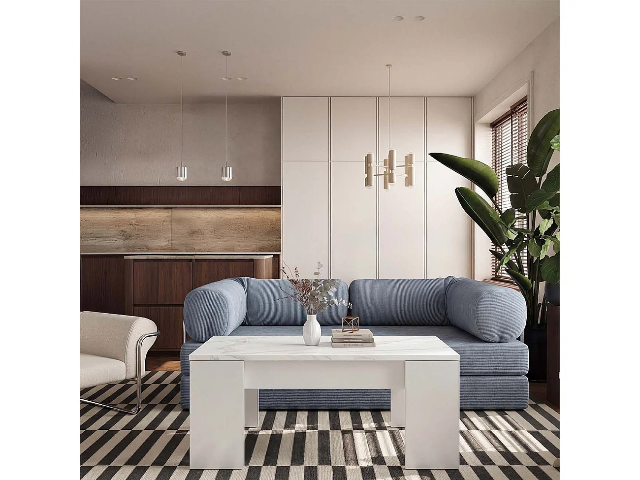 Mesa de centro elevable con almacenaje en blanco artik y efecto mármol blanco mate 100x45-56 cm Vita Blanco Artik (Blanco Mate) - Mármol Blanco Mate