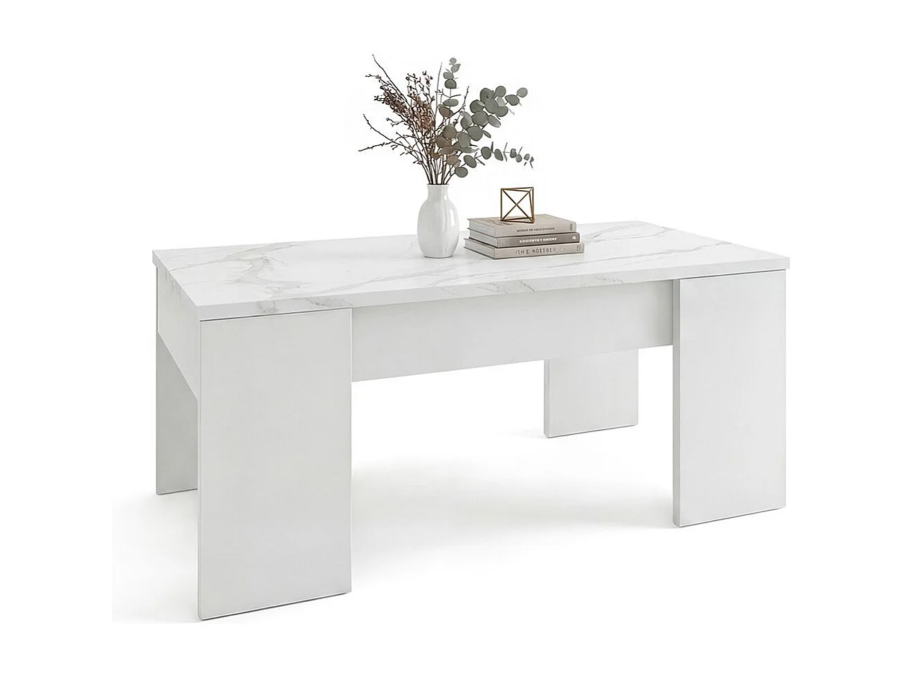 Mesa de centro elevable con almacenaje en blanco artik y efecto mármol blanco mate 100x45-56 cm Vita Blanco Artik (Blanco Mate) - Mármol Blanco Mate
