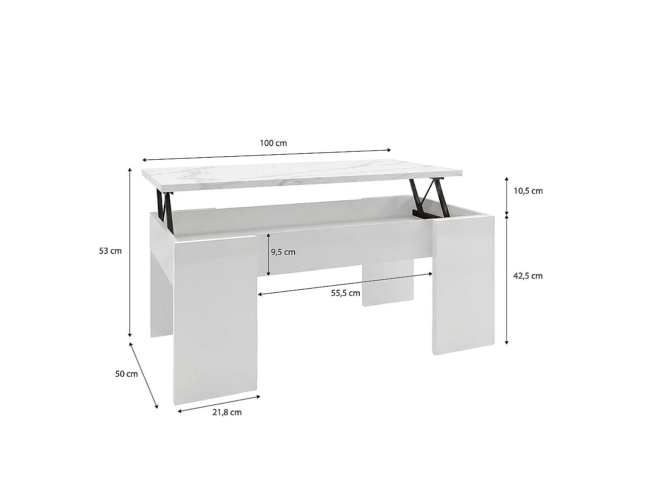 Mesa de centro elevable con almacenaje en blanco artik y efecto mármol blanco mate 100x45-56 cm Vita Blanco Artik (Blanco Mate) - Mármol Blanco Mate