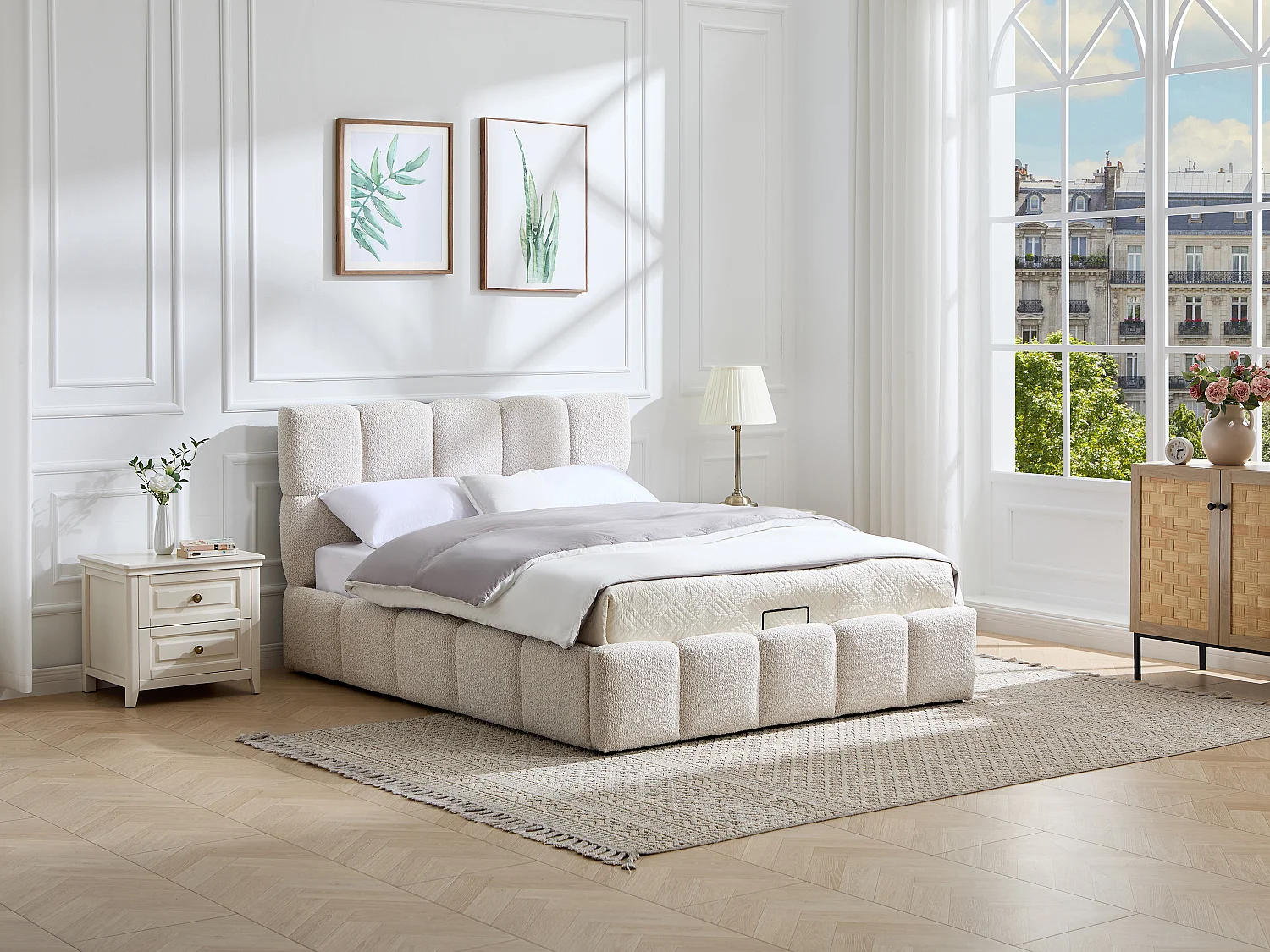 Lit coffre 140 x 200 cm – Tissu bouclette – Beige + Matelas - DILUDO