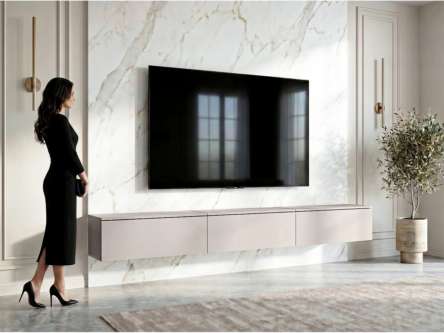 AX LIVING Meuble TV Barvo 3x100 cm Beige Cachemire Suspendu