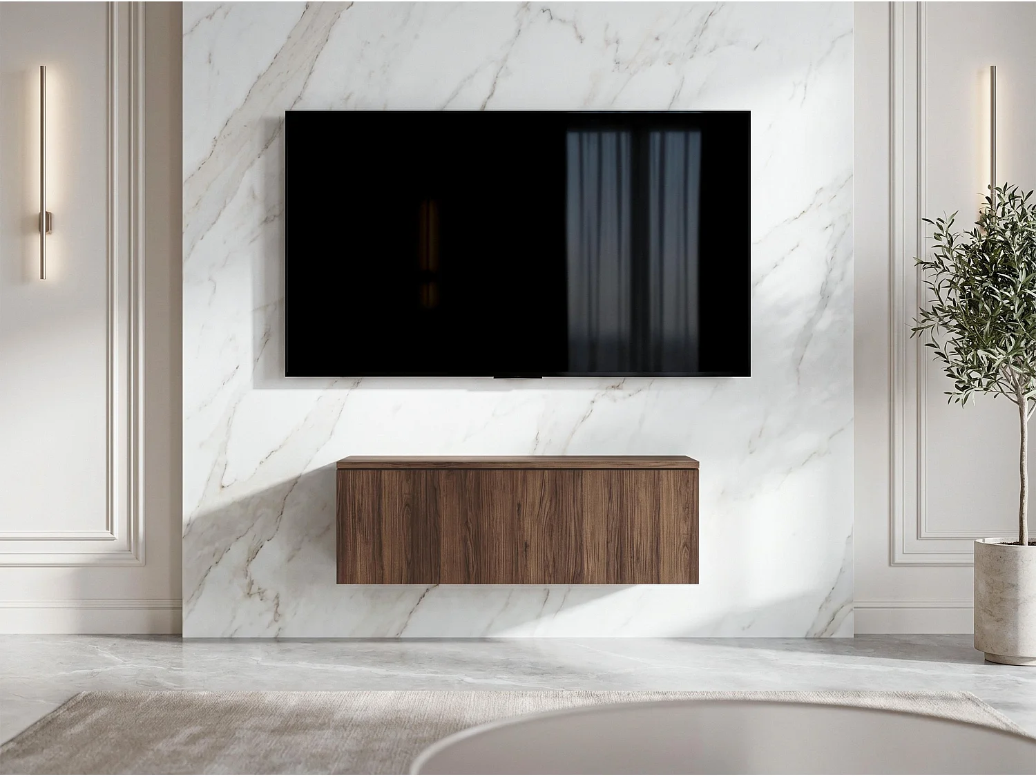 AX LIVING Meuble TV Barvo 100 cm Marron Foncé Noyer Warmia Suspendu