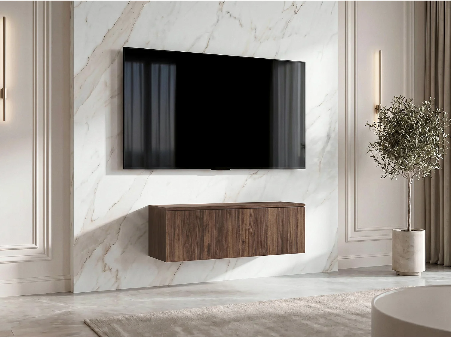 AX LIVING Meuble TV Barvo 100 cm Marron Foncé Noyer Warmia Suspendu