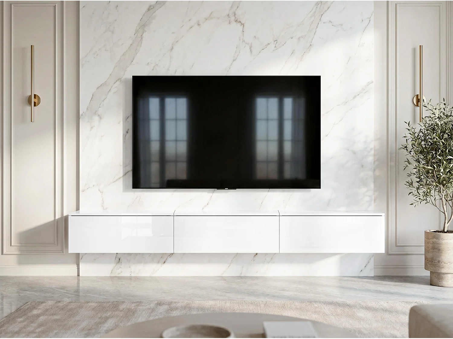 AX LIVING Meuble TV Barvo 3x100 cm Blanc Mat/Brillant Suspendu