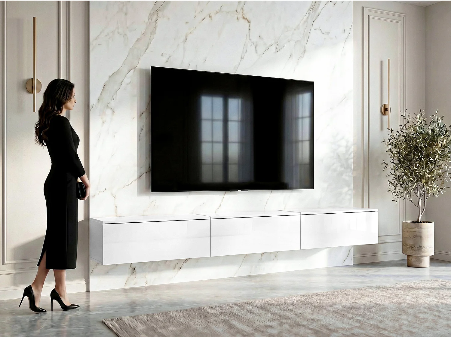 AX LIVING Meuble TV Barvo 3x100 cm Blanc Mat/Brillant Suspendu