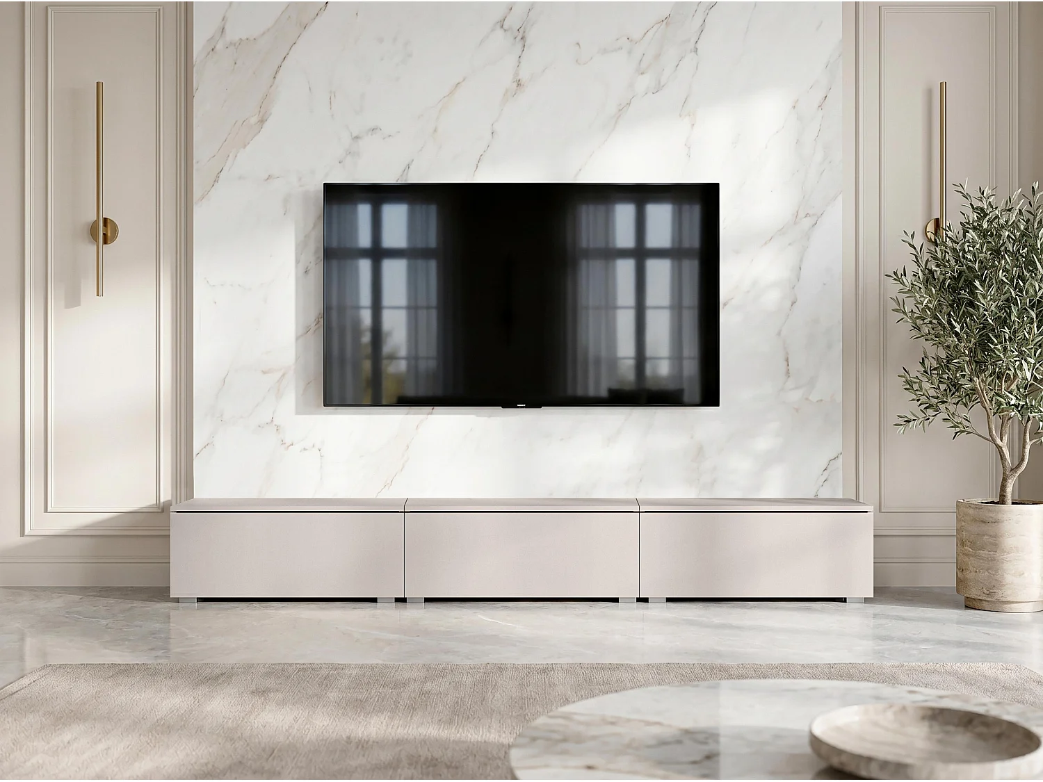 AX LIVING Meuble TV Barvo 3x100 cm Beige Cachemire Sur Pieds