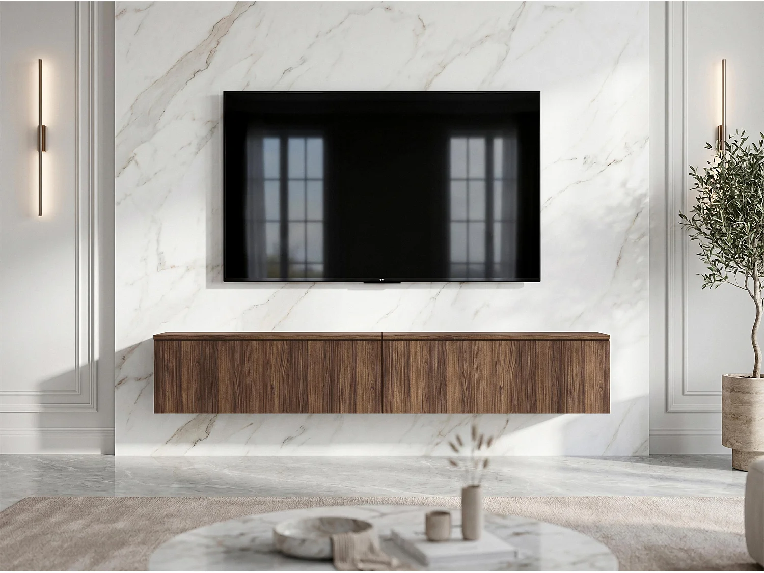 AX LIVING Meuble TV Barvo 2x100 cm Marron Foncé Noyer Warmia Suspendu