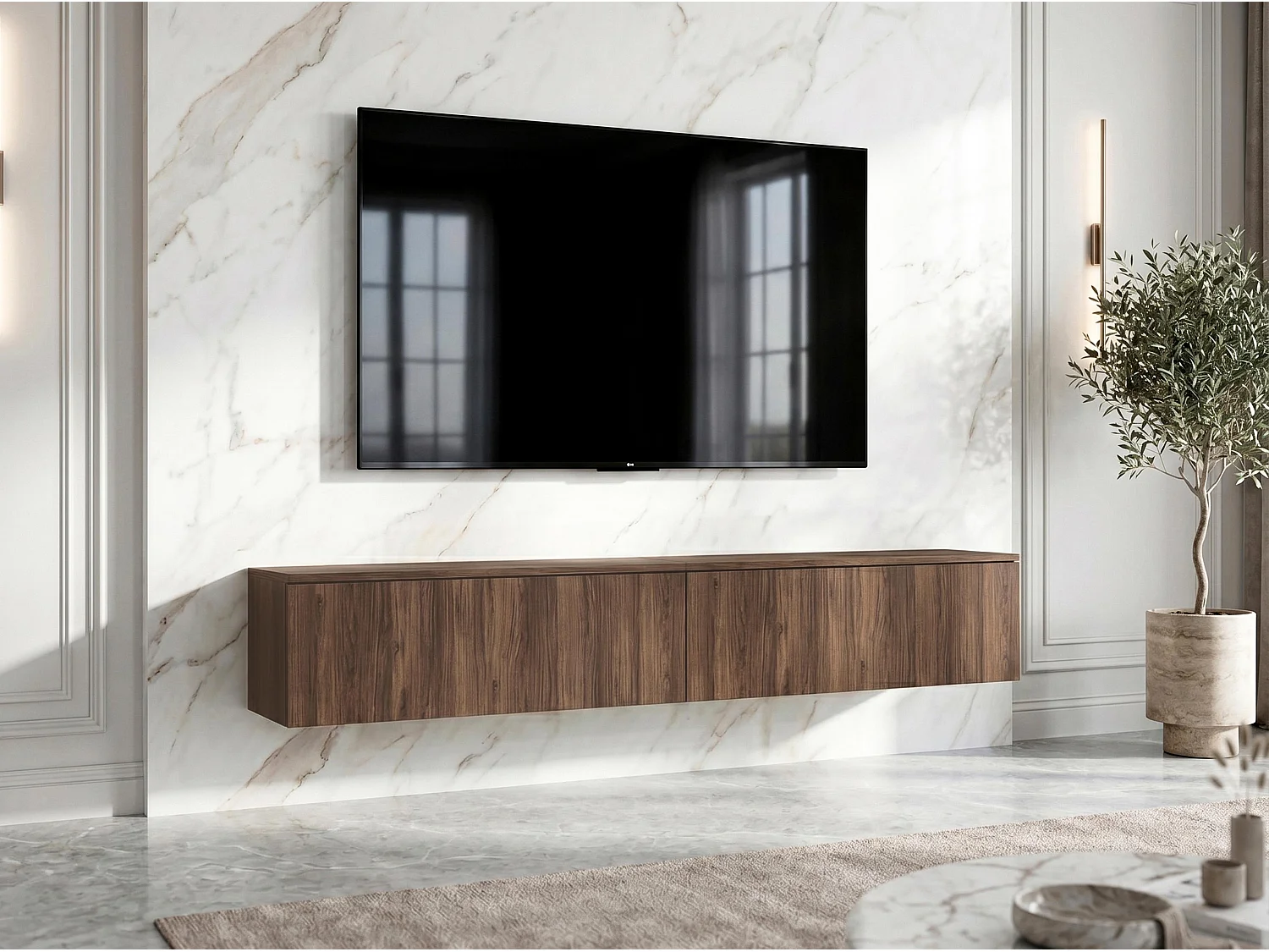 AX LIVING Meuble TV Barvo 2x100 cm Marron Foncé Noyer Warmia Suspendu