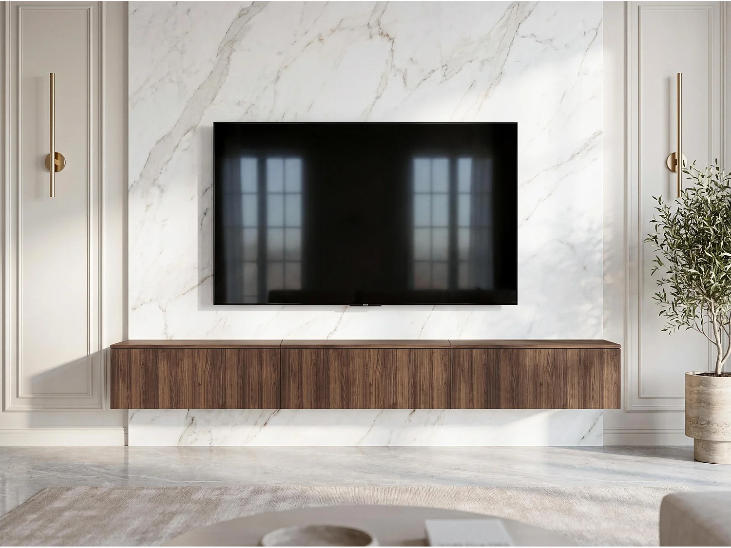 AX LIVING Meuble TV Barvo 3x100 cm Marron Foncé Noyer Warmia Suspendu