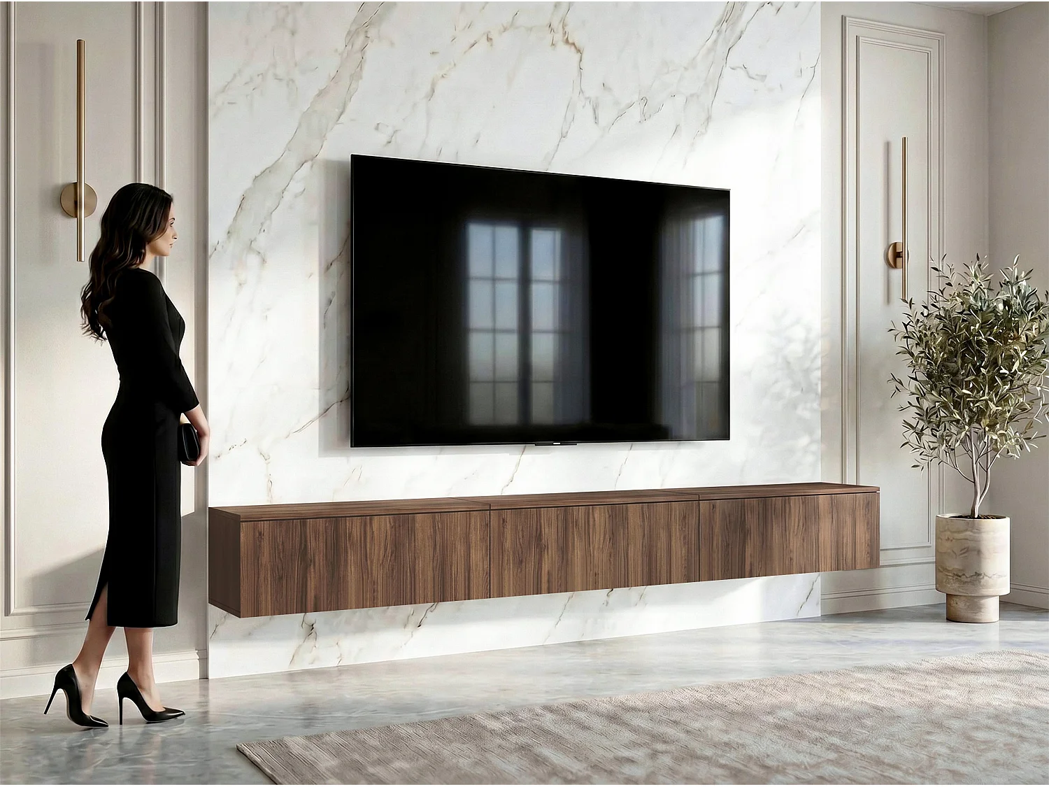 AX LIVING Meuble TV Barvo 3x100 cm Marron Foncé Noyer Warmia Suspendu