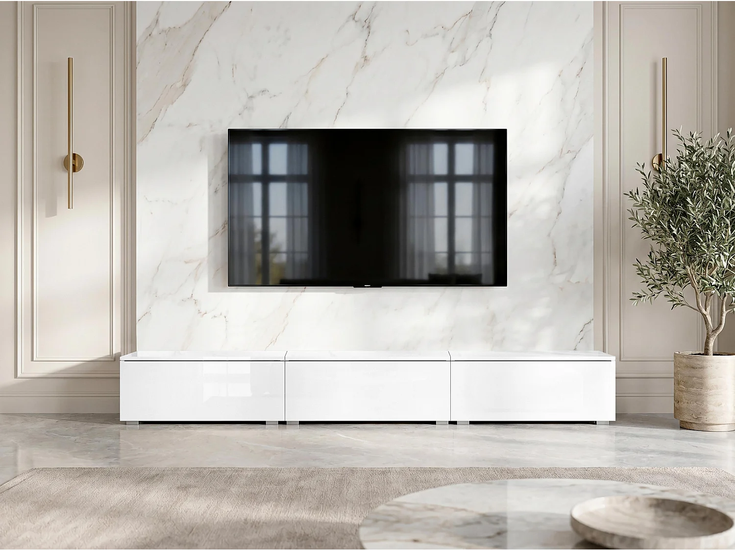 AX LIVING Meuble TV Barvo 3x100 cm Blanc Mat/Brillant Sur Pieds