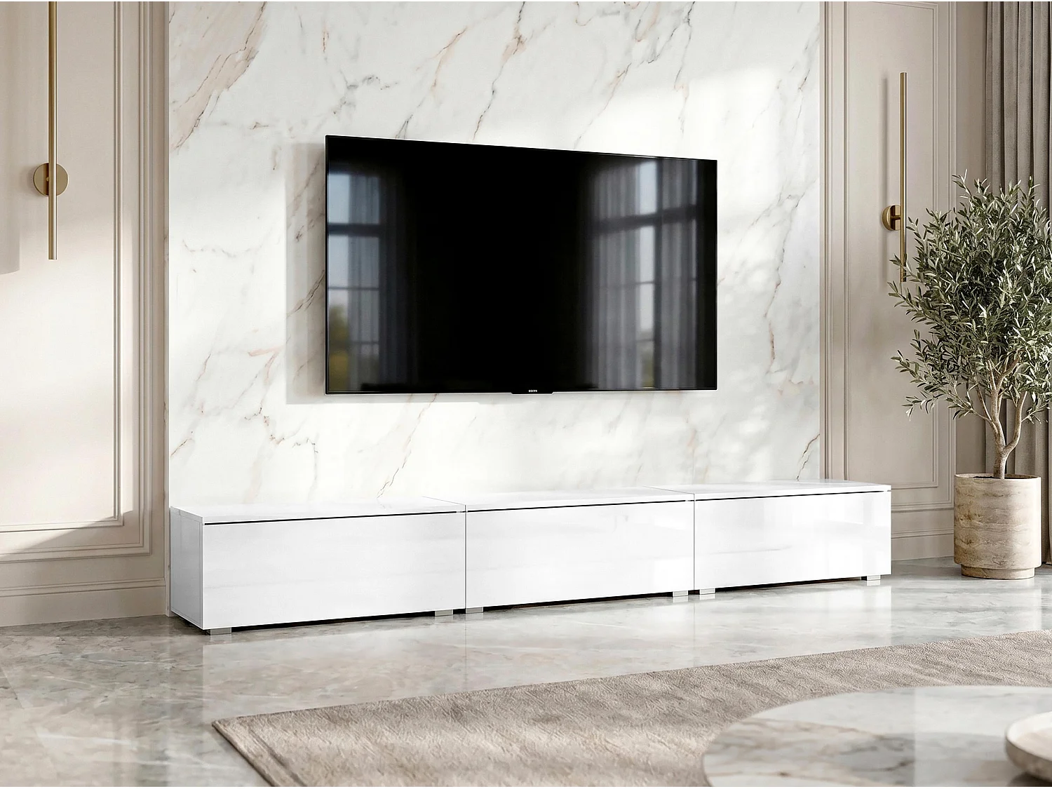 AX LIVING Meuble TV Barvo 3x100 cm Blanc Mat/Brillant Sur Pieds