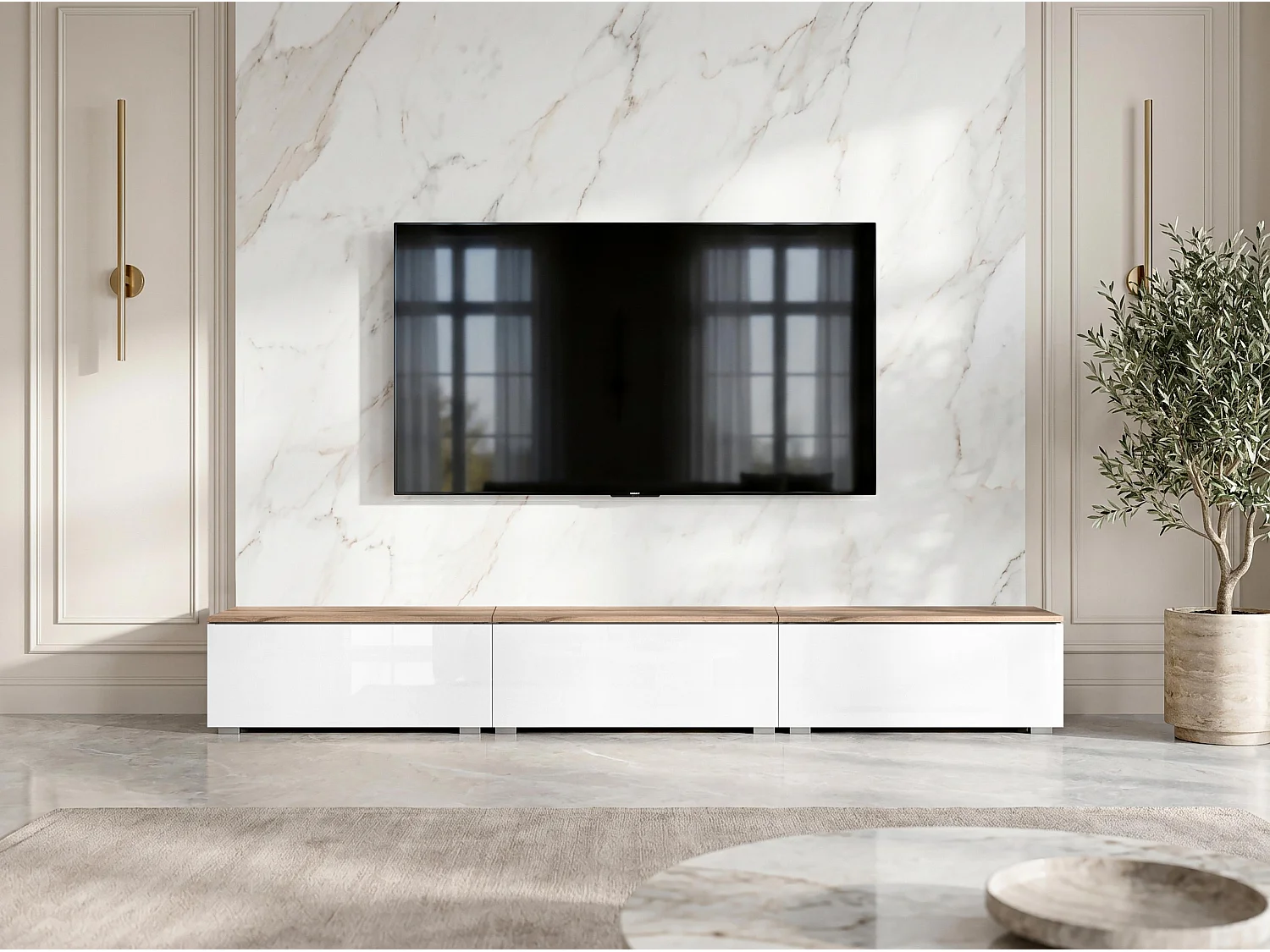 AX LIVING Meuble TV Barvo 3x100 cm Marron/Blanc Brillant Sur Pieds