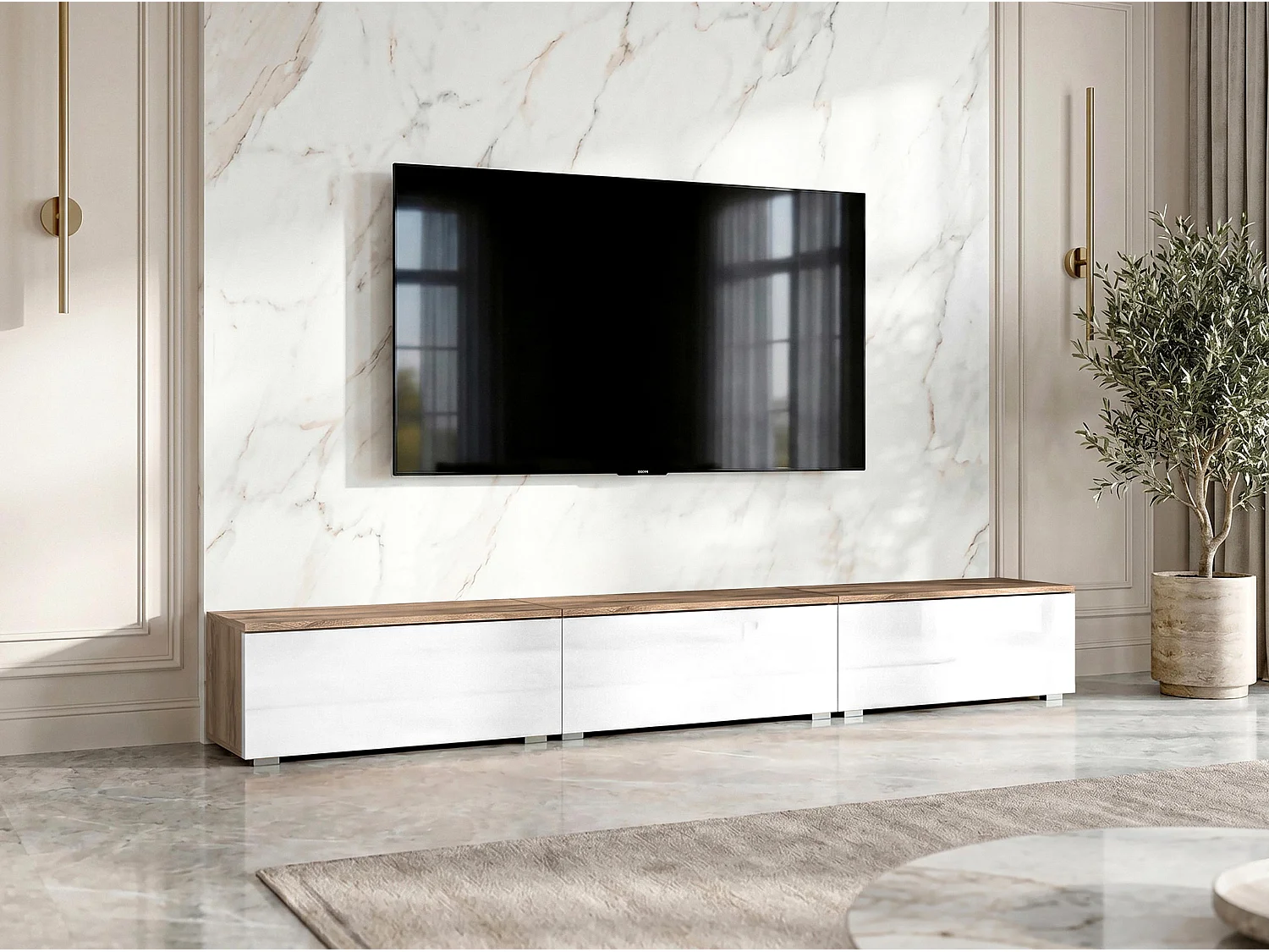 AX LIVING Meuble TV Barvo 3x100 cm Marron/Blanc Brillant Sur Pieds