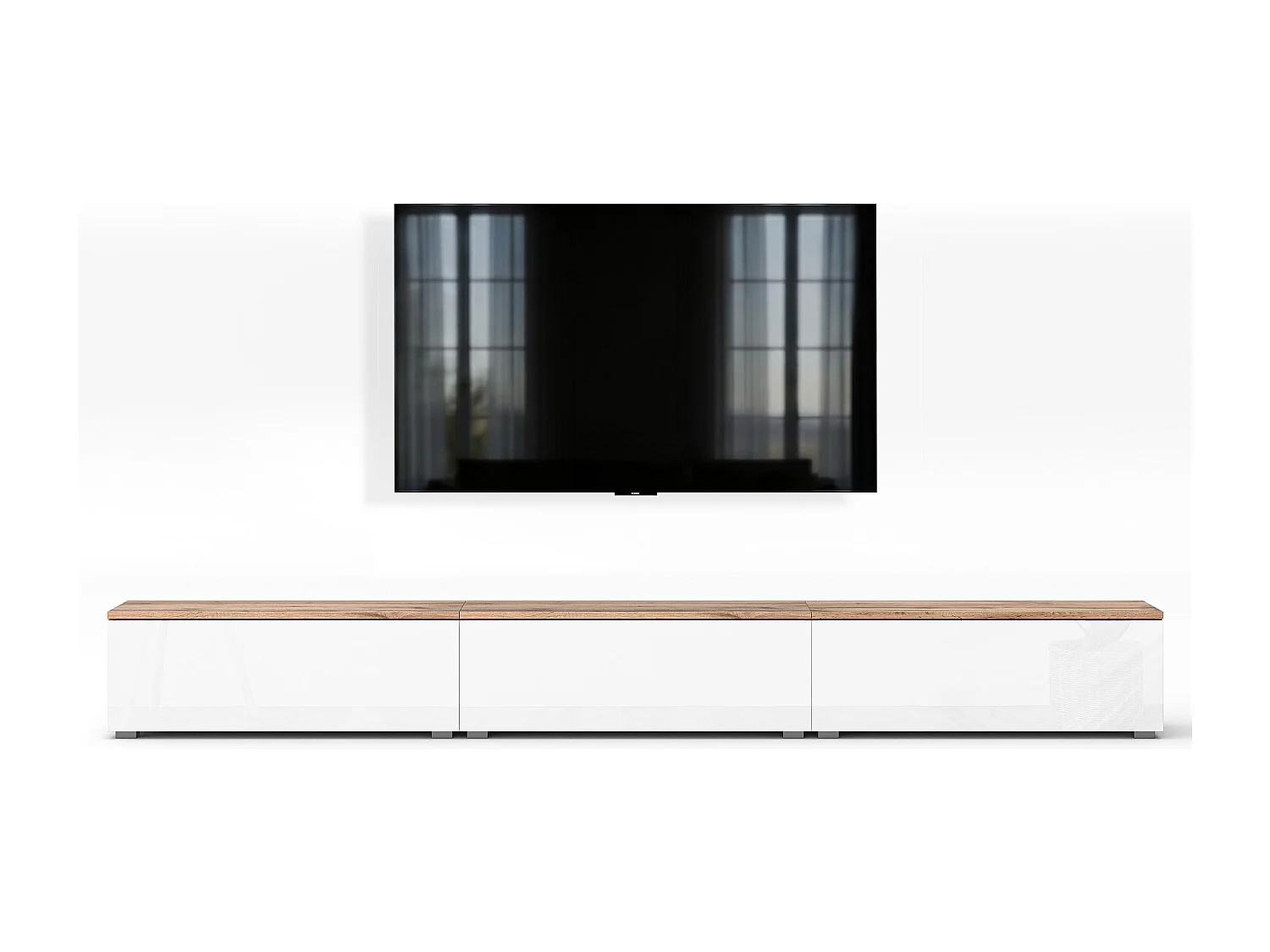 AX LIVING Meuble TV Barvo 3x100 cm Marron/Blanc Brillant Sur Pieds