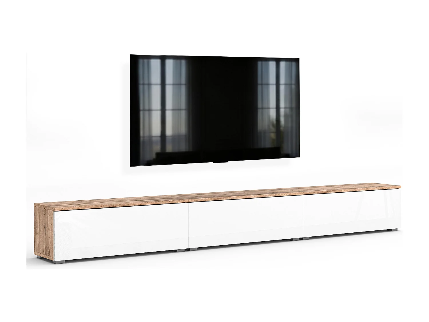 AX LIVING Meuble TV Barvo 3x100 cm Marron/Blanc Brillant Sur Pieds