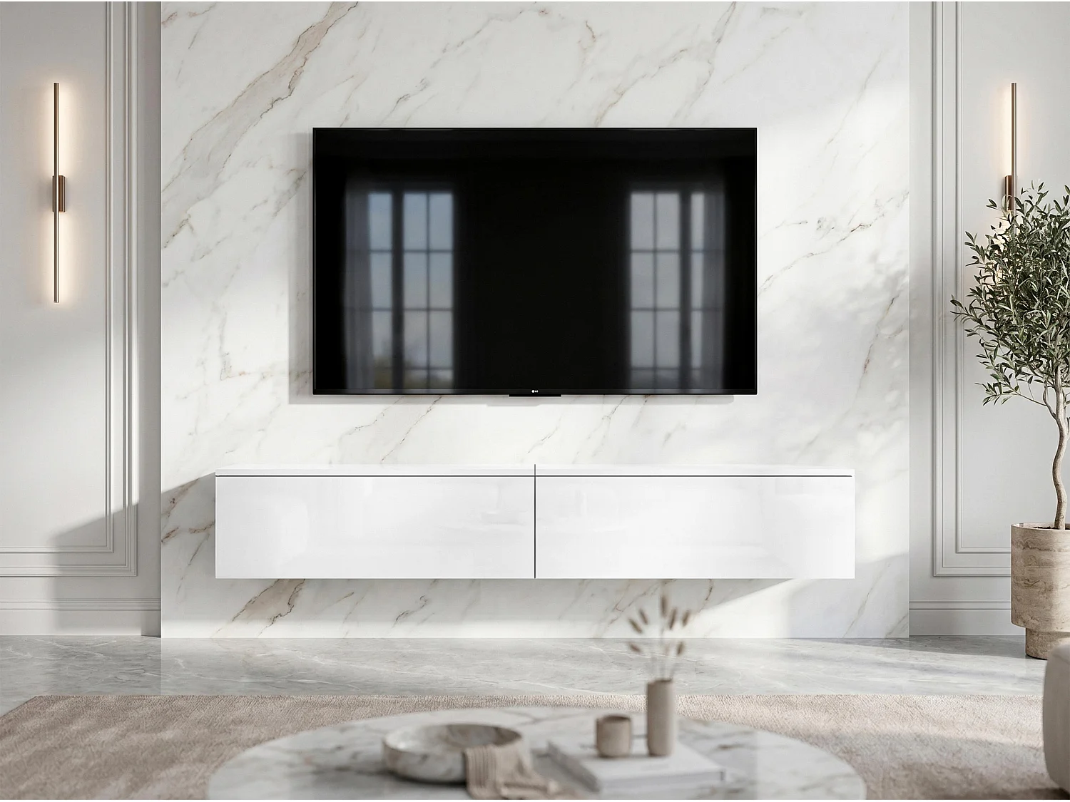 AX LIVING Meuble TV Barvo 2x100 cm Blanc Mat/Brillant Suspendu