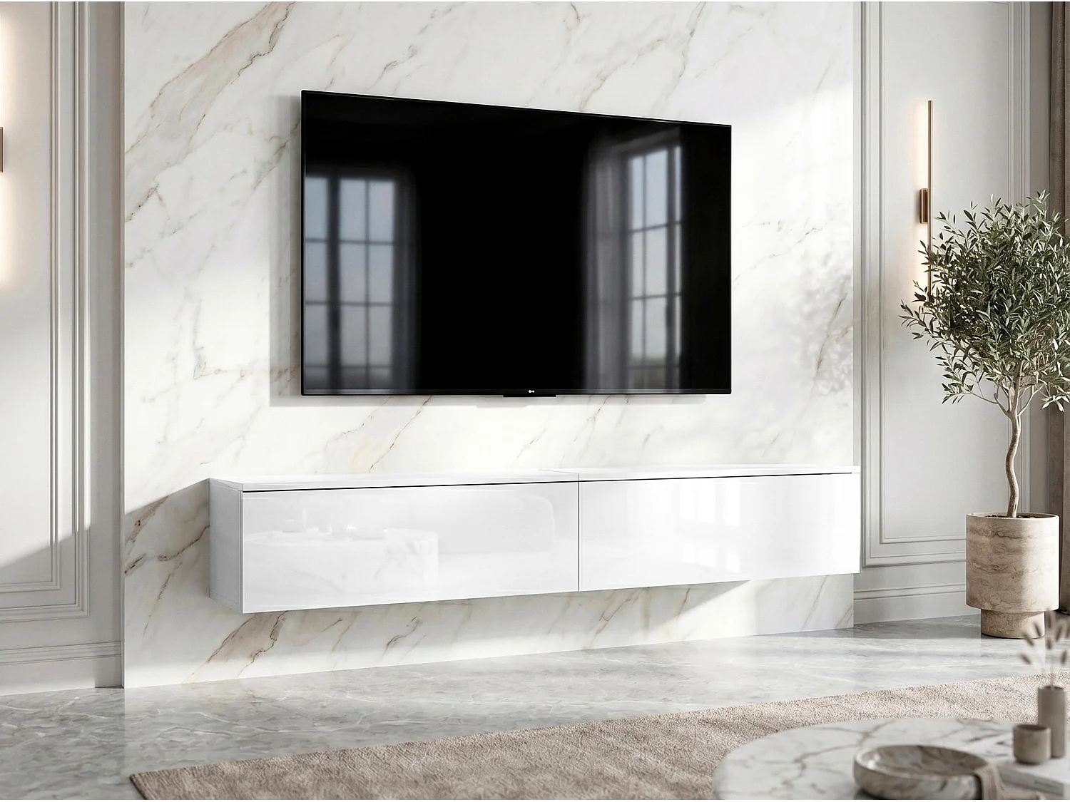 AX LIVING Meuble TV Barvo 2x100 cm Blanc Mat/Brillant Suspendu