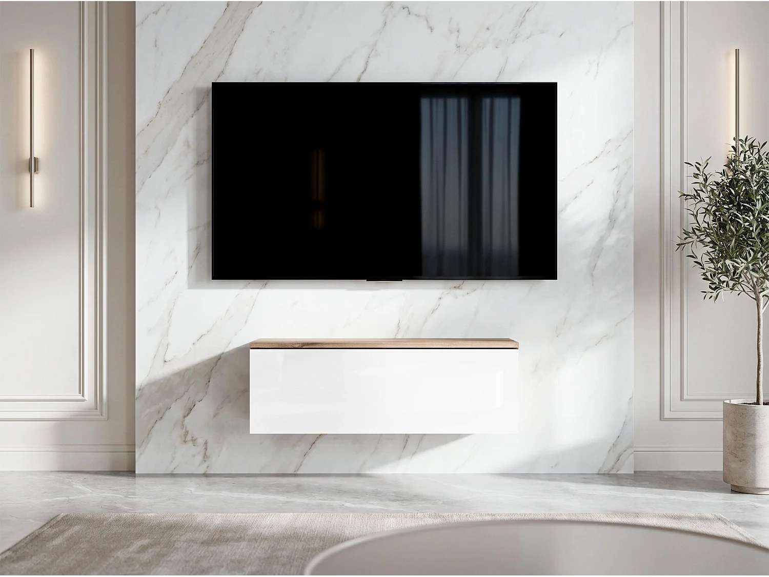 AX LIVING Meuble TV Barvo 100 cm Marron/Blanc Brillant Suspendu