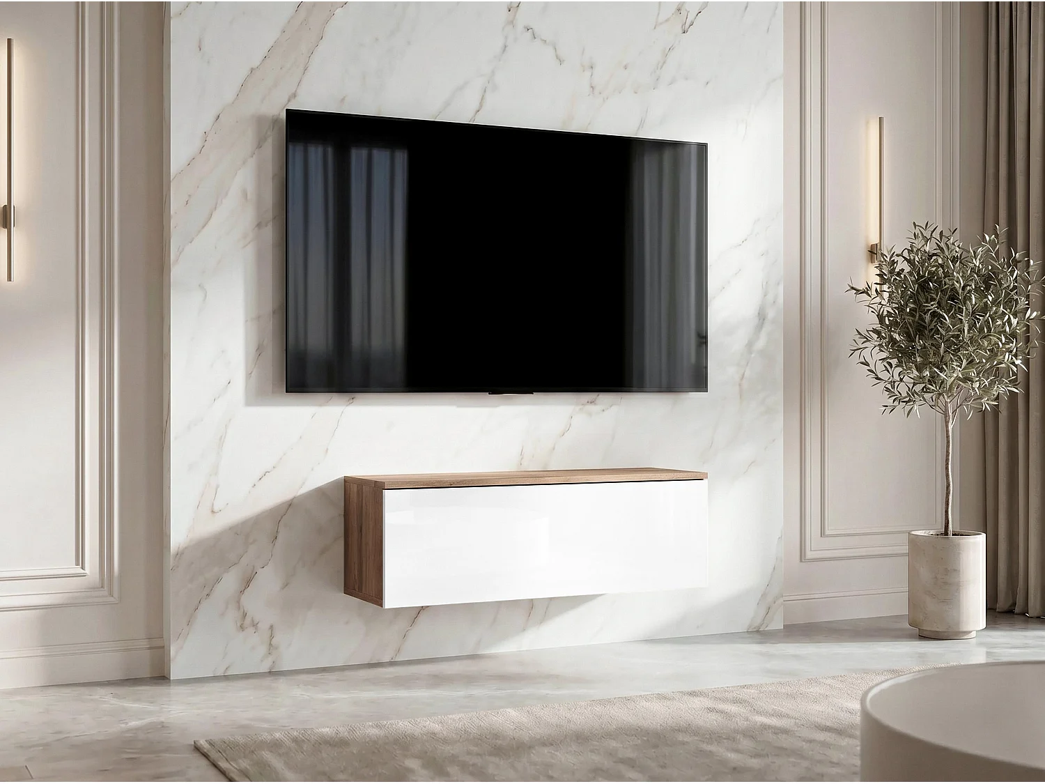 AX LIVING Meuble TV Barvo 100 cm Marron/Blanc Brillant Suspendu