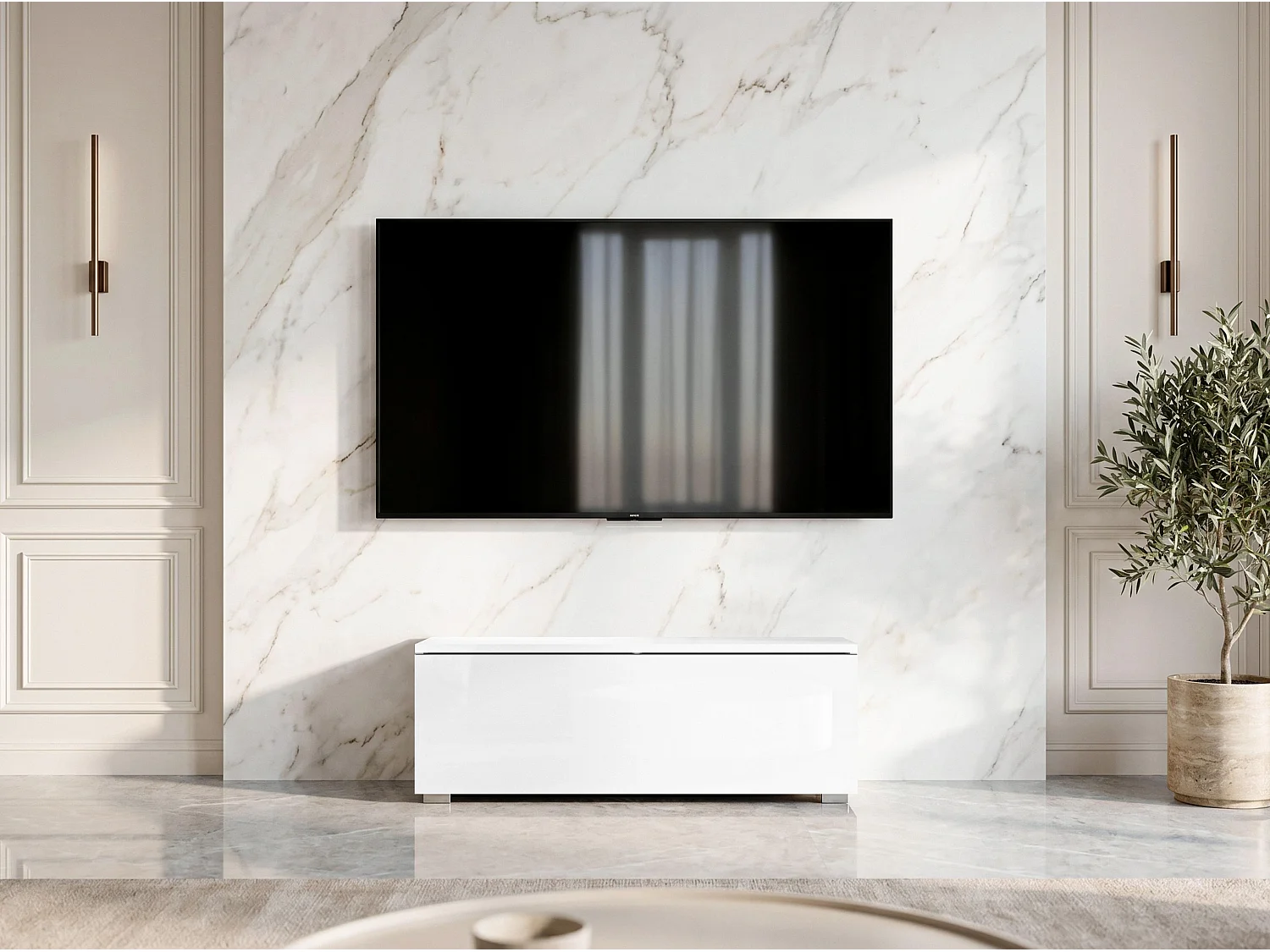 AX LIVING Meuble TV Barvo 100 cm Blanc Mat/Brillant Sur Pieds
