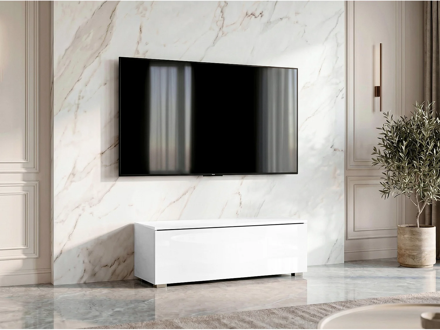 AX LIVING Meuble TV Barvo 100 cm Blanc Mat/Brillant Sur Pieds