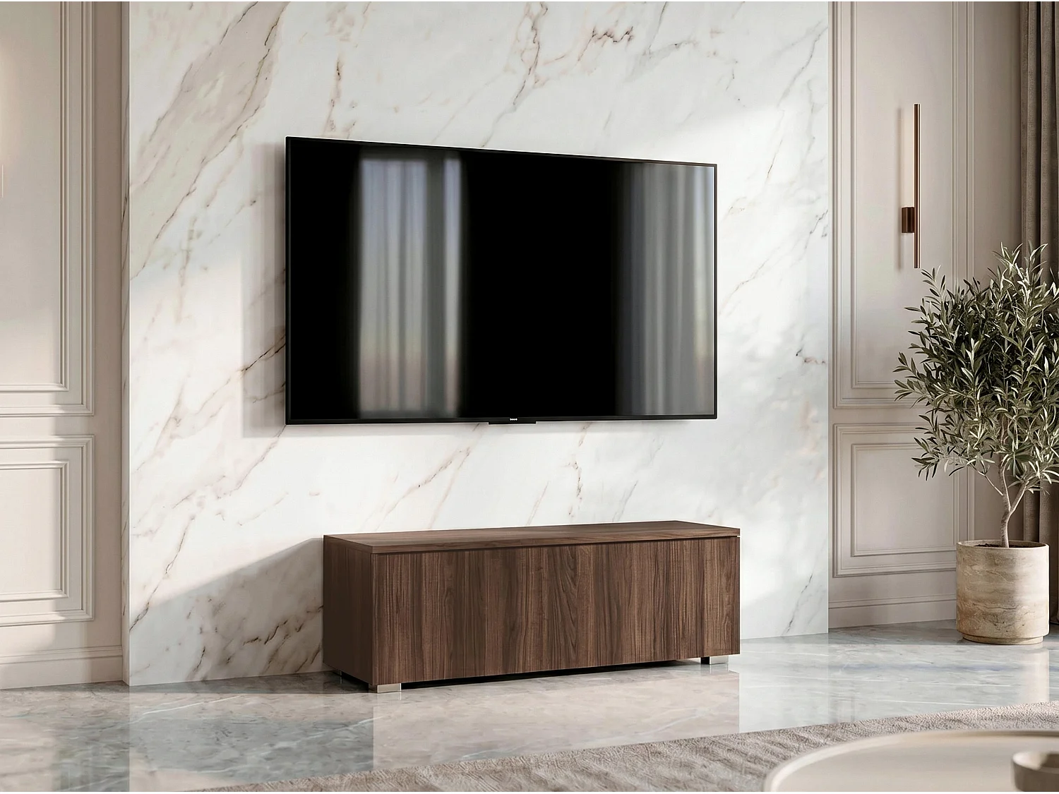 AX LIVING Meuble TV Barvo 100 cm Marron Foncé Noyer Warmia Sur Pieds