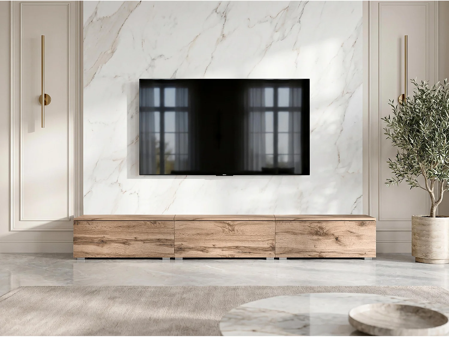 AX LIVING Meuble TV Barvo 3x100 cm Marron Chêne Wotan Sur Pieds