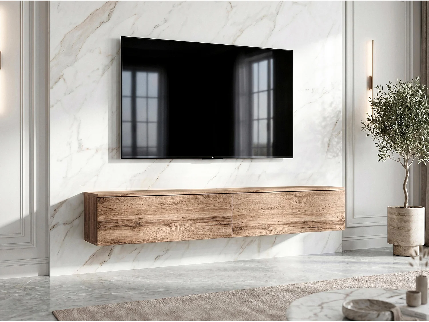 AX LIVING Meuble TV Barvo 2x100 cm Marron Chêne Wotan Suspendu