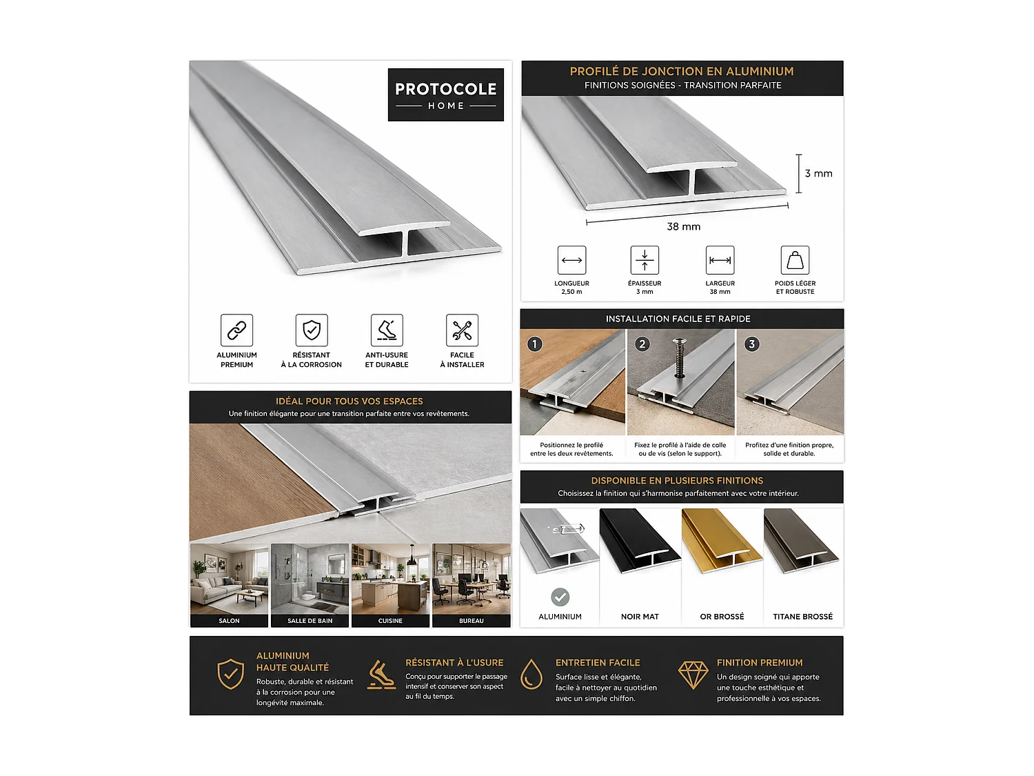 Profil de jonction aluminium 13 mm 2,80 m - finition premium, 3 coloris