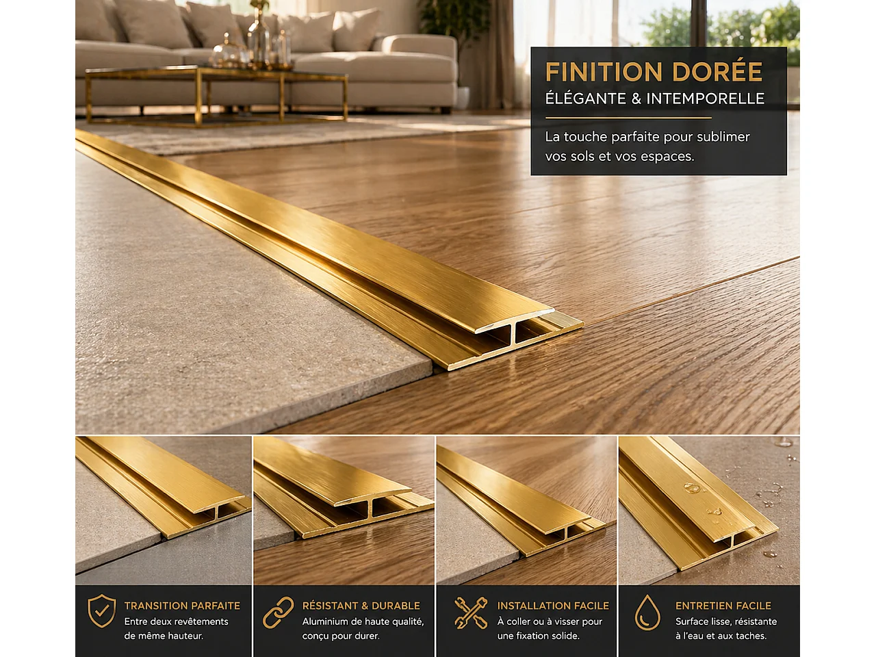 Profil de jonction aluminium 13 mm 2,80 m - finition premium, 3 coloris
