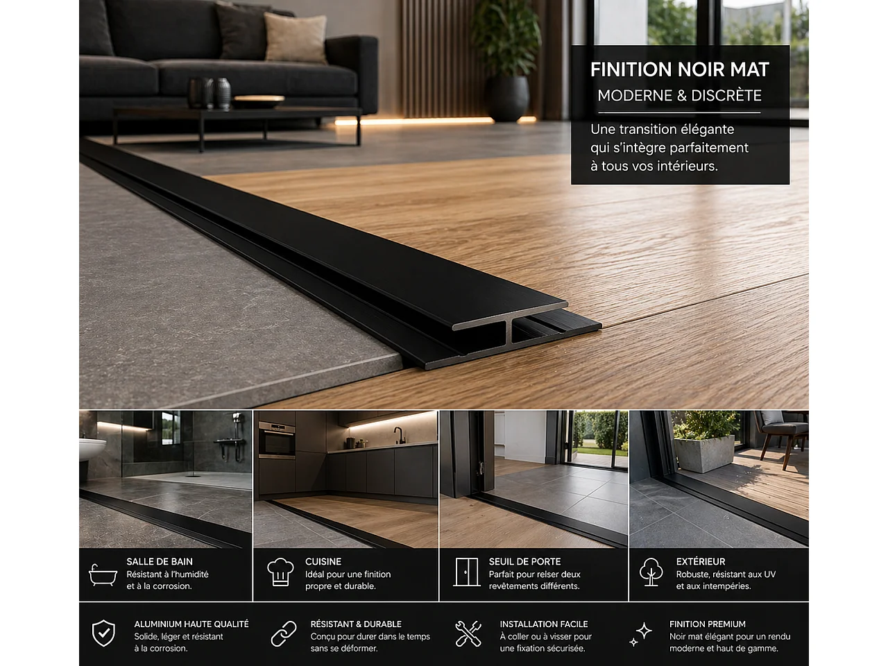 Profil de jonction aluminium 13 mm 2,80 m - finition premium, 3 coloris