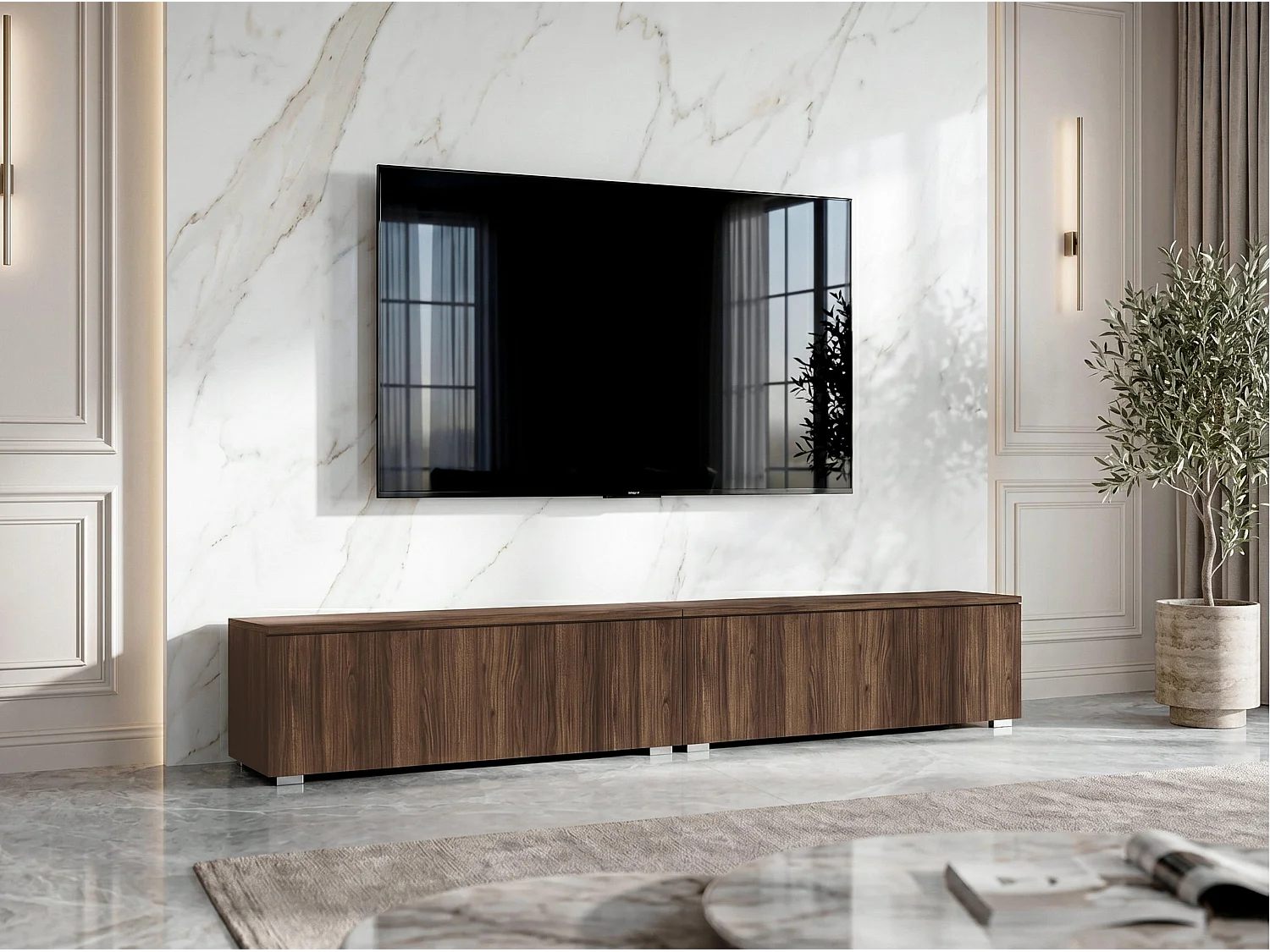 AX LIVING Meuble TV Barvo 2x100 cm Marron Foncé Noyer Warmia Sur Pieds