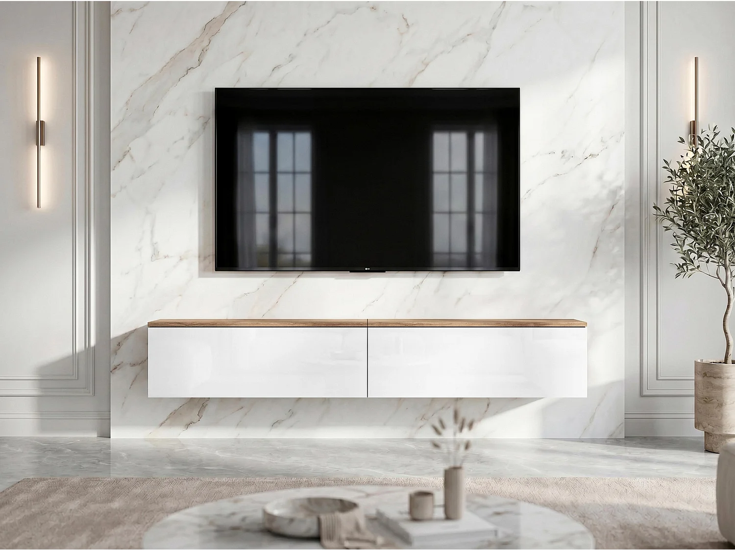 AX LIVING Meuble TV Barvo 2x100 cm Marron/Blanc Brillant Suspendu