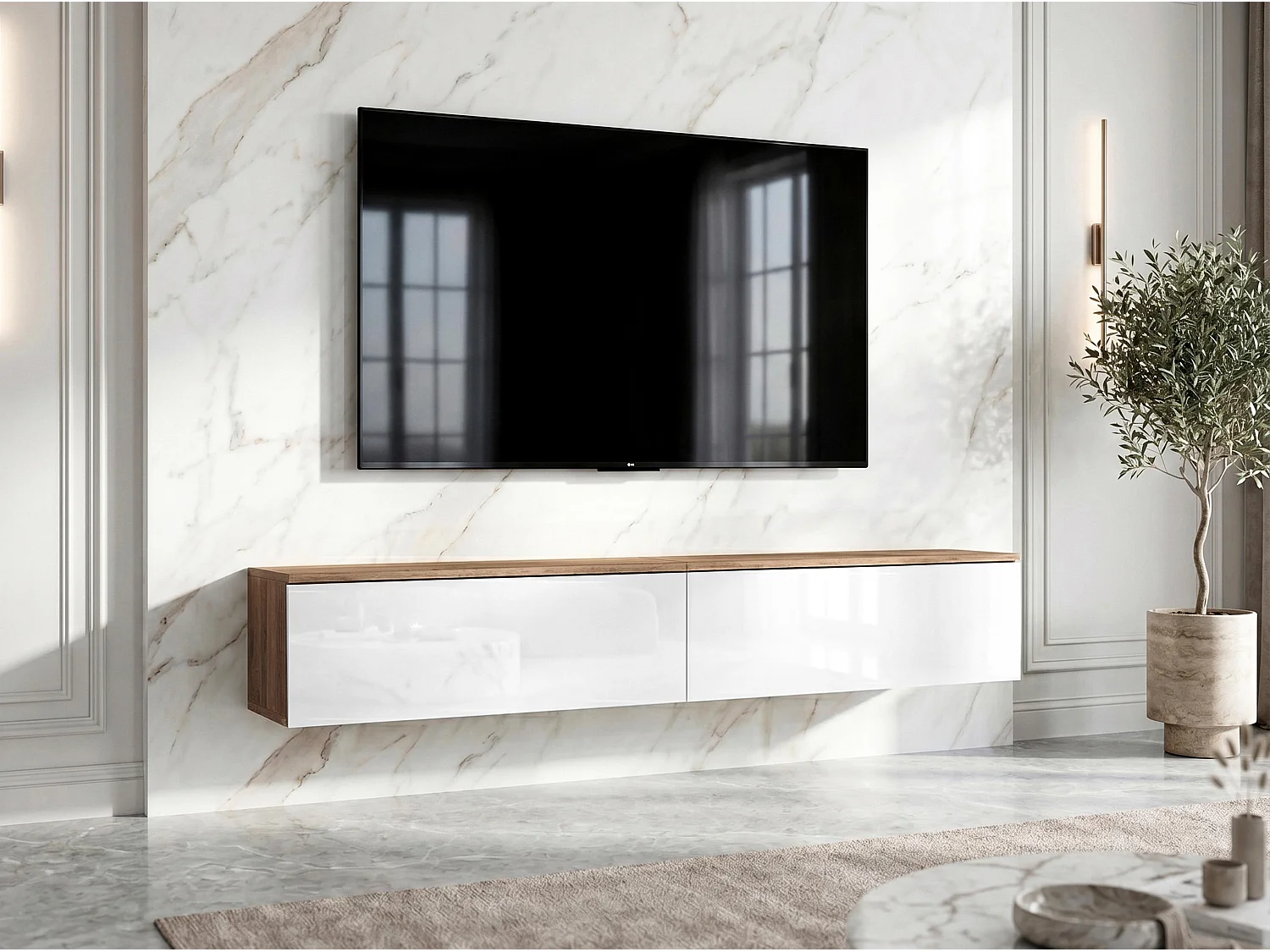 AX LIVING Meuble TV Barvo 2x100 cm Marron/Blanc Brillant Suspendu